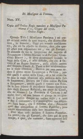 Num XV. Copia dell' Ordine Regio mandato a Monsignore Patriarca à 22. Giogno del 1706. Ordine Regio