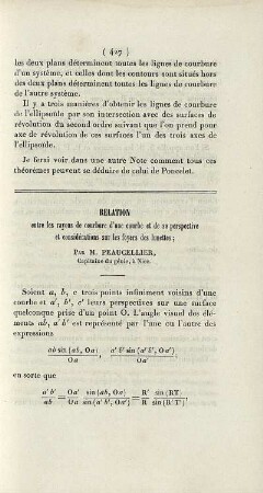Relation entre les rayons de courbure d'une courbe et de sa perspective [...]