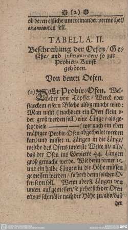 TABELLA II. Beschreibung der Oefen/Gefäße/und instrumenten/so zur Probier-Kunst gehören. Von denen Oefen.