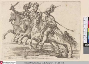 [Drei Kavalleristen mit erhobenem Schwert, nach links reitend; Three Cavalrymen in Full Armour with Raised Swords]