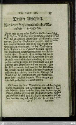 Dritter Abschnitt. Von denen Reglements über die Manufacturen insbesondere