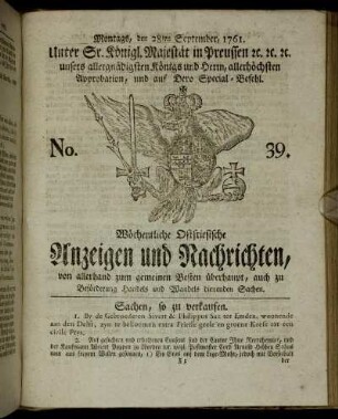 No. 39. Montags, den 28ten September, 1761.