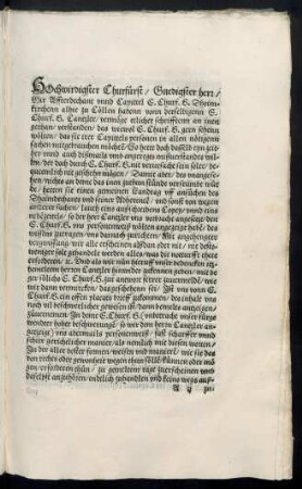 Hochwirdigster Churfürst/ Gnedigster herr/ Wir Affterdechant unnd Capittel E. Churf. G. Dhoimkirchenn alhie zu Cöllen ...