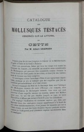 Catalogue Des Mollusques Testacés Observés Sur Le Littoral De Cette