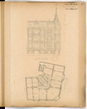 Wohnhausgruppe, Halle/Saale Monatskonkurrenz August 1882: Grundriss und Aufriss Fassade Haus I; Maßstabsleiste