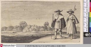 [Pilger und Pilgerin entlang eines Baches gehend; Male and Female Pilgrim walking along a Stream]