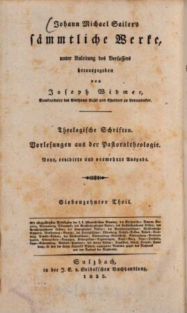 Johann Michael Sailer's sämmtliche Werke, 17. Theologische Schriften: Vorlesungen aus der Pastoraltheologie ; 2