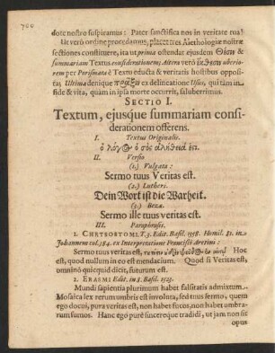 Sectio I. Textum, ejusque summariam considerationem offerens.
