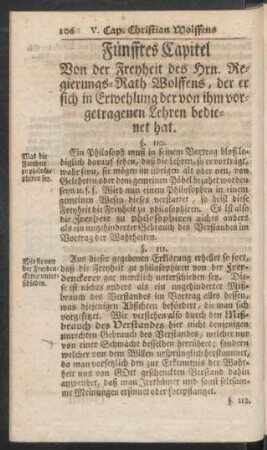 Fünfftes Capitel Von der Freyheit des Hrn. Regierungs-Rath Wolffens, der er sich in Erwehlung der von ihm vorgetragenen Lehren bedienet hat