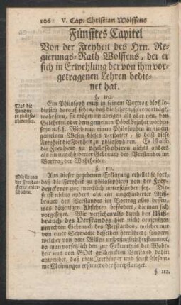 Fünfftes Capitel Von der Freyheit des Hrn. Regierungs-Rath Wolffens, der er sich in Erwehlung der von ihm vorgetragenen Lehren bedienet hat