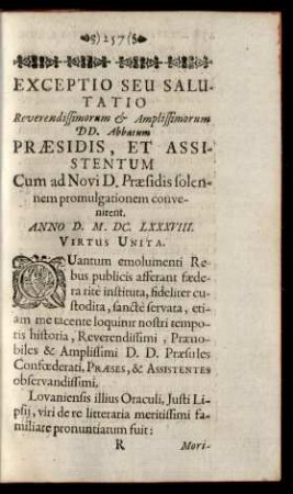 Exceptio Seu Salutatio Reverendissimorum & Amplissimorum DD. Abbatum Praesidis, Et Assistentum Cum ad Novi D. Praesidis solennem ...