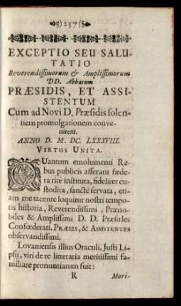 Exceptio Seu Salutatio Reverendissimorum & Amplissimorum DD. Abbatum Praesidis, Et Assistentum Cum ad Novi D. Praesidis solennem ...