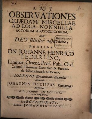 Observationes Quaedam Miscellae Ad Loca Nonnulla Actorum Apostolicorum