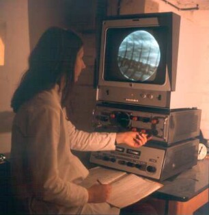 Ahrensburg. Max-Planck-Institut, Abteilung Fischzüchtung. Röntgenbild auf dem Monitor