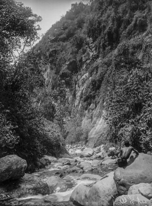 Bach : Bach an einer Schlucht im Ruwenzori-Gebirge. Im rechten Bildrand sitzt ein Mann auf einem Felsen