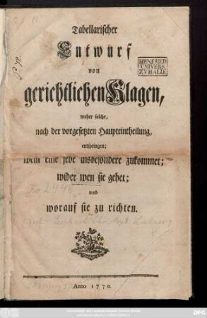 Tabellarischer Entwurf von gerichtlichen Klagen, woher solche nach der vorgesetzten Haupteintheilung entspringen; wem eine jede insbesondere zukommet; wider wen sie gehet; und worauf sie zu richten