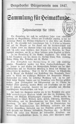 1910: Sammlung für Heimatkunde : Jahresbericht