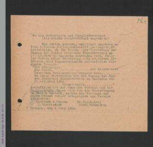Rundschreiben von Dorothee von Velsen und Else Ulich-Beil an die Ortsgruppen und Mitgliedsvereine des ADF