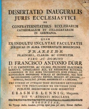 Dissertatio Inauguralis Juris Ecclesiastici De Confraternitatibus Ecclesiarum Cathedralium Et Collegiatarum In Germania