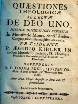 Quaestiones theologicae selectae de Deo uno