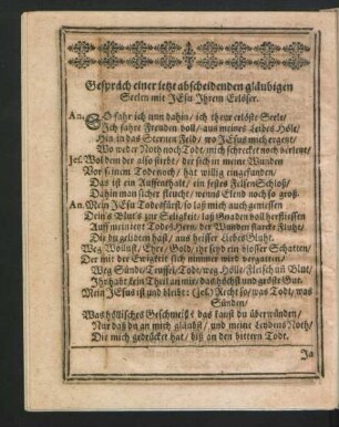 Gespräch einer ietzt abscheidenden gläubigen Seelen mit Jesu Ihrem Erlöser.