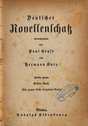 Deutscher Novellenschatz, 15 = 3. Serie, Bd. 3