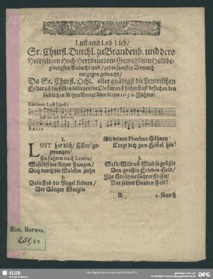 Lust- und Lob-Lied Sr. Churf. Durchlaucht zu Brandenb. und dero ... Gemählin in huldbegierigster Andacht ... entgegengebracht, da Se. Churf. Dchl. ... die Leninischen Felder ... besuchen