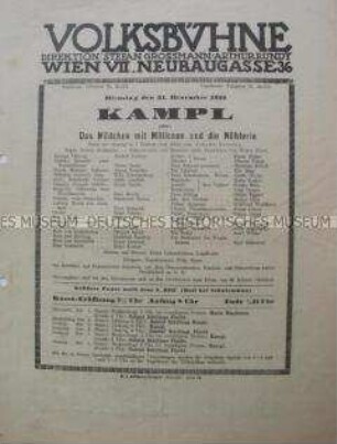 Theaterzettel der "Volksbühne" für die Posse "Kampl" von Johann Nestroy; Wien, 31. Dez. 1912