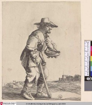 [Ein Bettler mit Krücke; A male beggar with a crutch in foreground, seen in profile to right and holding a brazier, some dilapidated buildings in background, gallows in left distance]