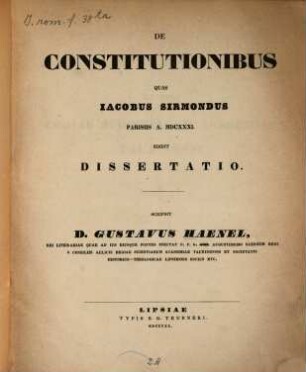 De constitutionibus quas Iacobus Sirmondus Parisiis a. MDCXXXI edidit dissertatio