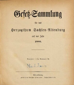 Gesetz-Sammlung für das Herzogthum Sachsen-Altenburg : auf das Jahr .... 1880