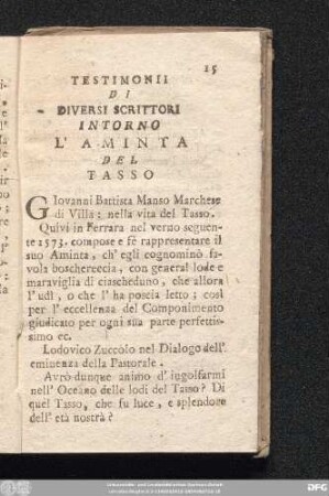 Testimonii Di Diversi Scrittori Intorno L'Aminta Del Tasso
