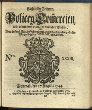Nro. XXXIII, Montags, den 17. Augusti 1744