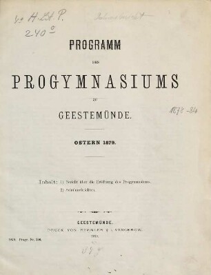 Programm des Progymnasiums zu Geestemünde : Ostern .... 1878/79