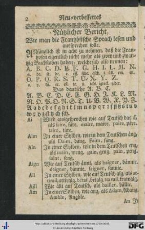 Nützlicher Bericht, Wie man die Frantzösische Sprach lesen und aussprechen solle.