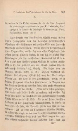 307-312 [Rezension] Lobstein, Paul, La notion de la préexistence du fils de Dieu