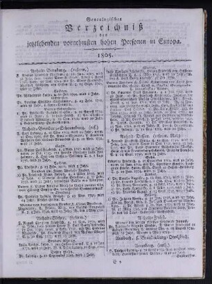 Genealogisches Verzeichniß der jetztlebenden vornehmsten hohen Personen in Europa.