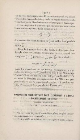 Composition mathématique pour l'admission a l'école polytechnique en 1883.