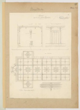 Saaldecke Monatskonkurrenz März 1853: Grundriss Deckenuntersicht, Teillängsschnitt, Querschnitt, Detail Trägerprofil; Maßstabsleiste