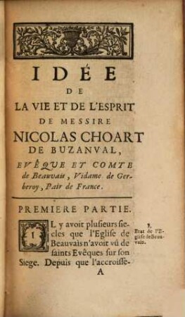 Idée de la vie et de l'esprit de Messire Nicolas Choart de Buzanval, evêque et comte de Beauvais, Vidame de Gerberoy, Pair de France