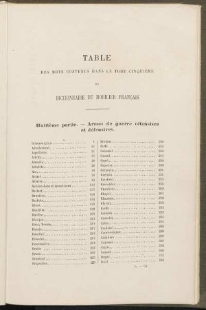 Table des mots contenus le tome cinquiéme du dictionnaire du mobilier francais