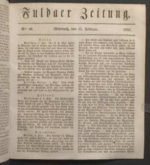 Mittwoch, den 15. Februar. 1832