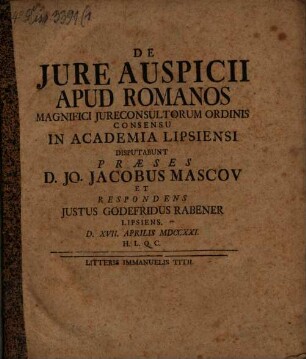 Diss. ... de iure auspicii apud Romanos
