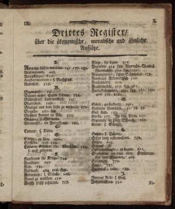 Drittes Register, über die ökonomische, moralische und ähnliche Aufsätze.