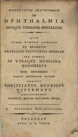 Dissertatio Inauguralis De Ophthalmia Eiusque Therapia Specialiori