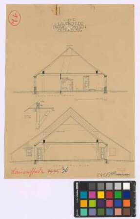 Lauenstede (Wangerland): Hof Dietrich Jansen. - Wohnteil (Querschnitt). - Stallteil (Querschnitt). - Holzkonstruktion (Schnitt Punkt A)
