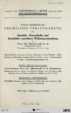 Freiwillige Versteigerung der Gemälde, Kunstobjekte und kompletten vornehmen Wohnungseinrichtung in Wien, XIX., Billrothstraße Nr. 58 : Ölgemälde alter und neuerer Meister, Miniaturen, Kunstmobiliar, Silber, Arbeiten aus Porzellan (komplette Service), Glas, Luster, Perserteppiche, Textilien, Einrichtungsgegenstände usw. ; 21. und 22. Jänner 1936 (Katalog Nr. 102)