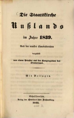 Die Staatskirche Rußlands im Jahre 1839 : Nach den neuesten Synodalberichten ...