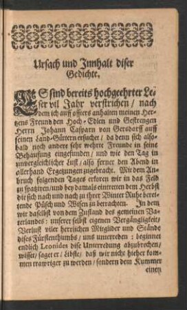 Ursach und Innhalt diser Gedichte.