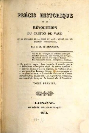 Précis historique de la révolution du Canton du Vaud et de l'invasion de la Suisse en 1798, 1